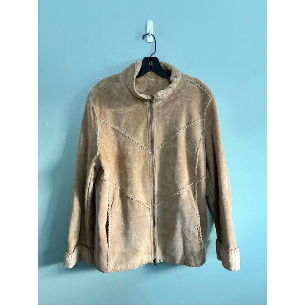 Winlit Vintage Boho Western Whipstitch Leather Faux Fur Liner Coat L
